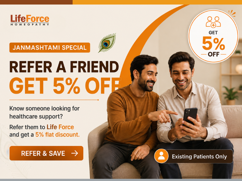 Life Force Homeopathy Janmashtami Special offer featuring two friends, with 5% discount on eligible referrals for existing patients.