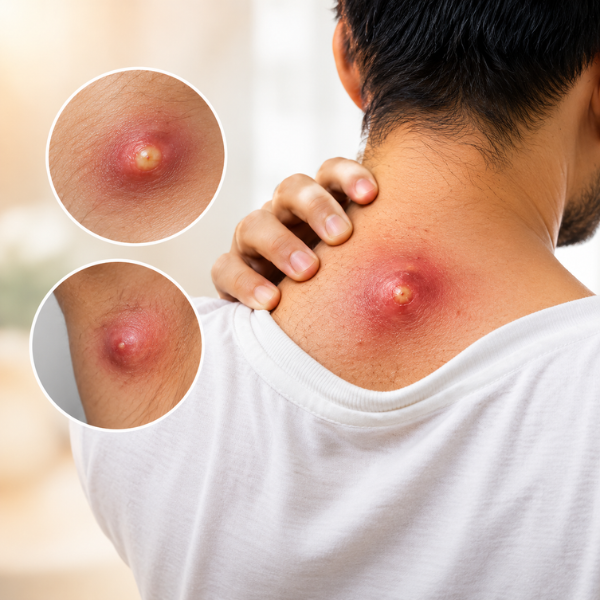 Boil and recurring abscess on the skin with close-up views of inflamed lesions