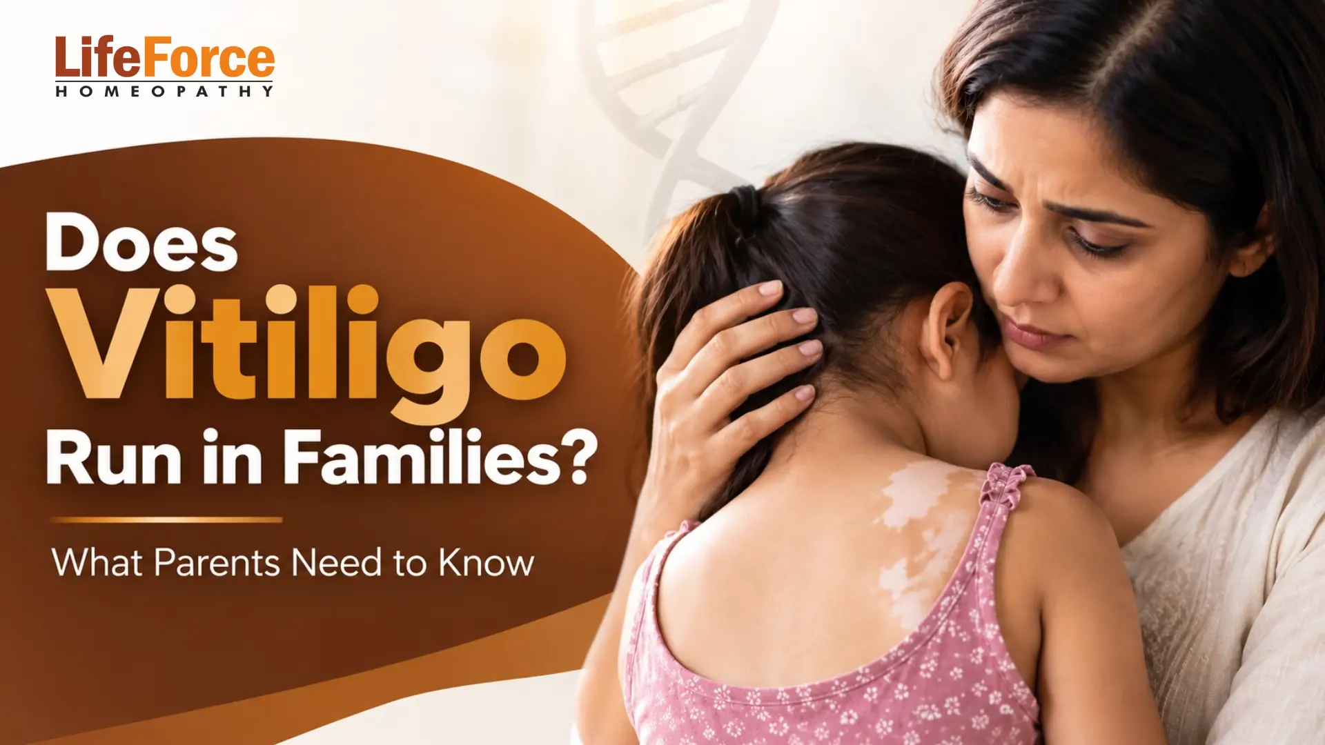 Mother comforting a young girl with vitiligo patches on her shoulder, representing hereditary vitiligo concerns in children.