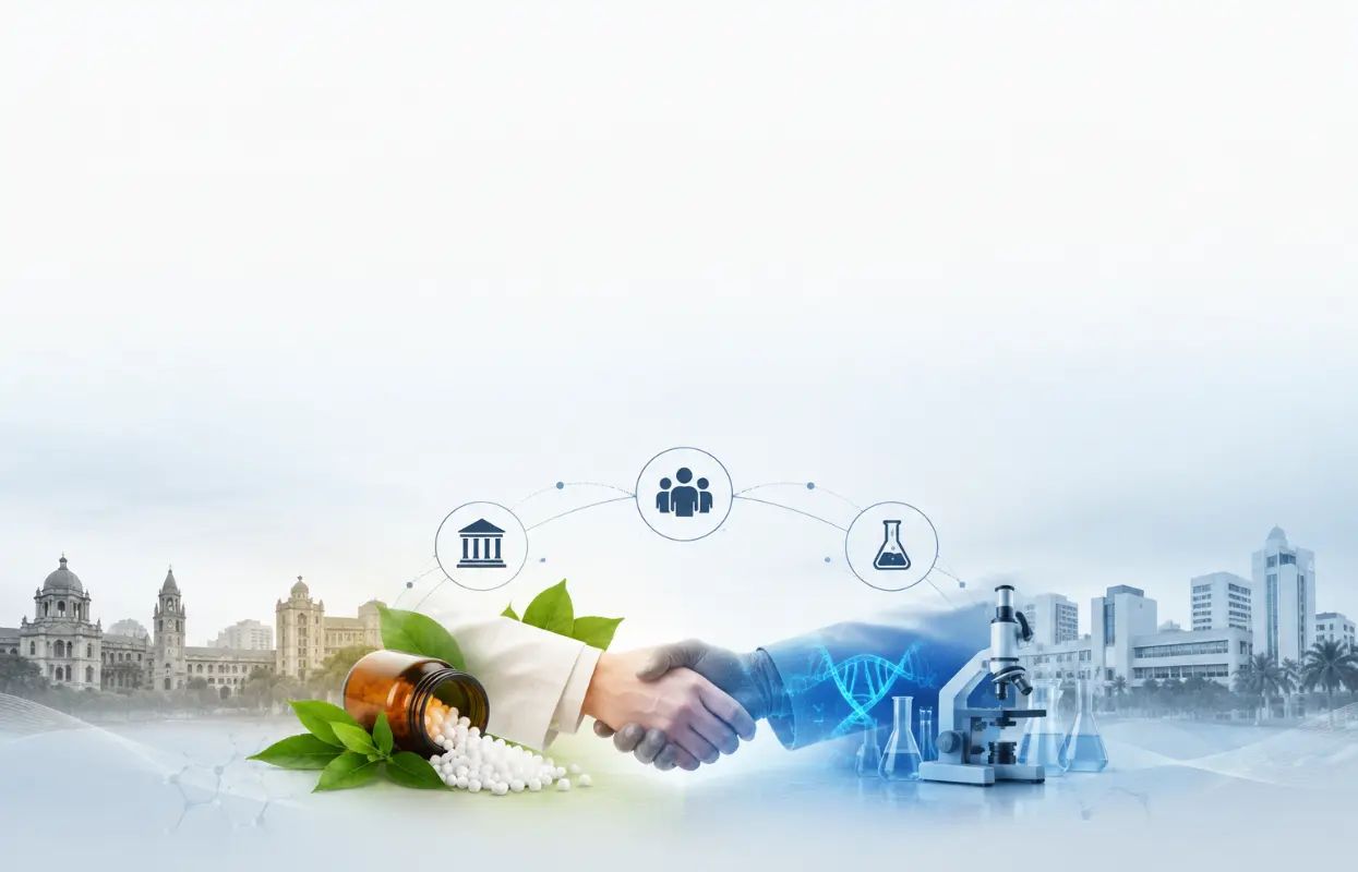 Minimalist illustration showing collaboration between homeopathy and modern scientific research, featuring a handshake, homeopathic remedies, laboratory equipment, DNA, and academic institutions.