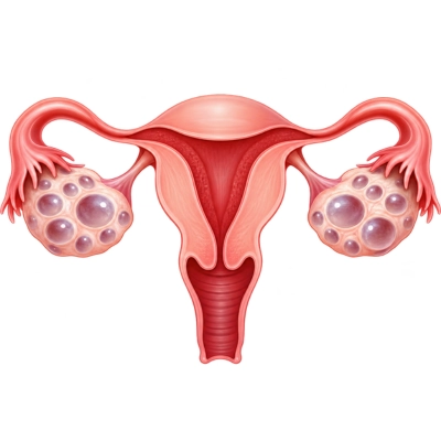 Medical illustration of the female reproductive system showing ovaries with multiple follicles associated with PCOS, PCOD and PMOS