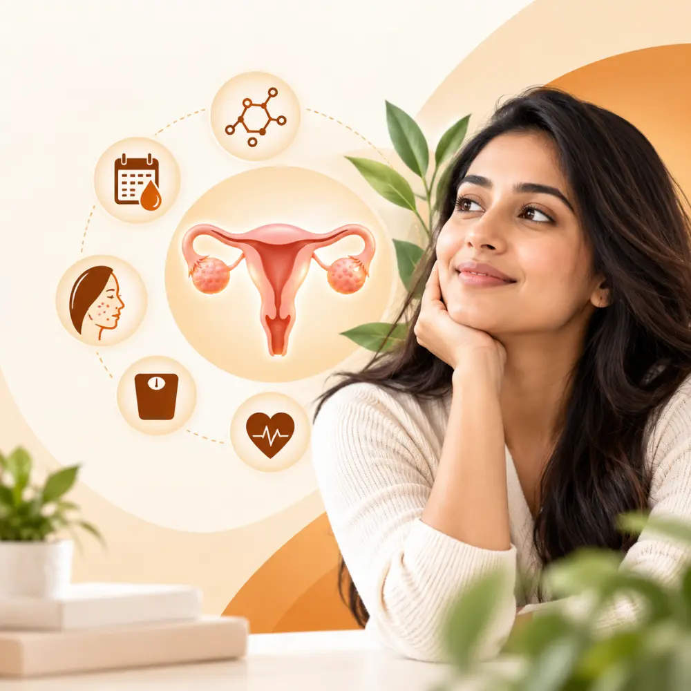 PMOS PCOS healthcare illustration showing a woman with a reproductive health diagram and related symptoms